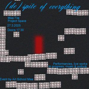The poster to the performance event. dark grey cold backround with bright red rectangular shape in shining in the middle. Small square-ish white-brown objects floating around. Blue lettering.